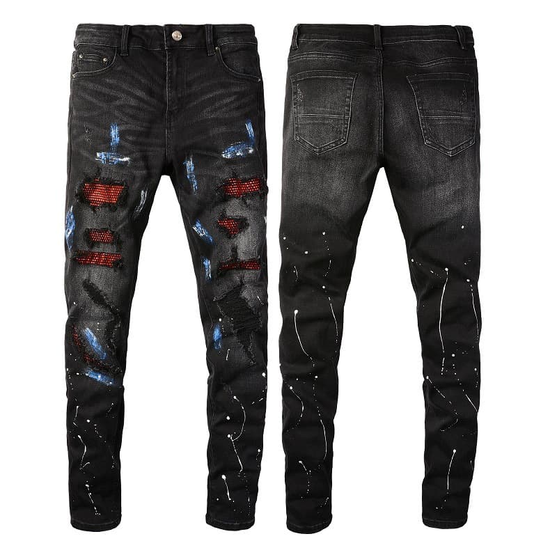 Men's Clothing European And American Personality High Street Fashion Men's Beggar Hole Patch Hot Diamond Patch Graffiti Slim Fit Denim Jeans 8616