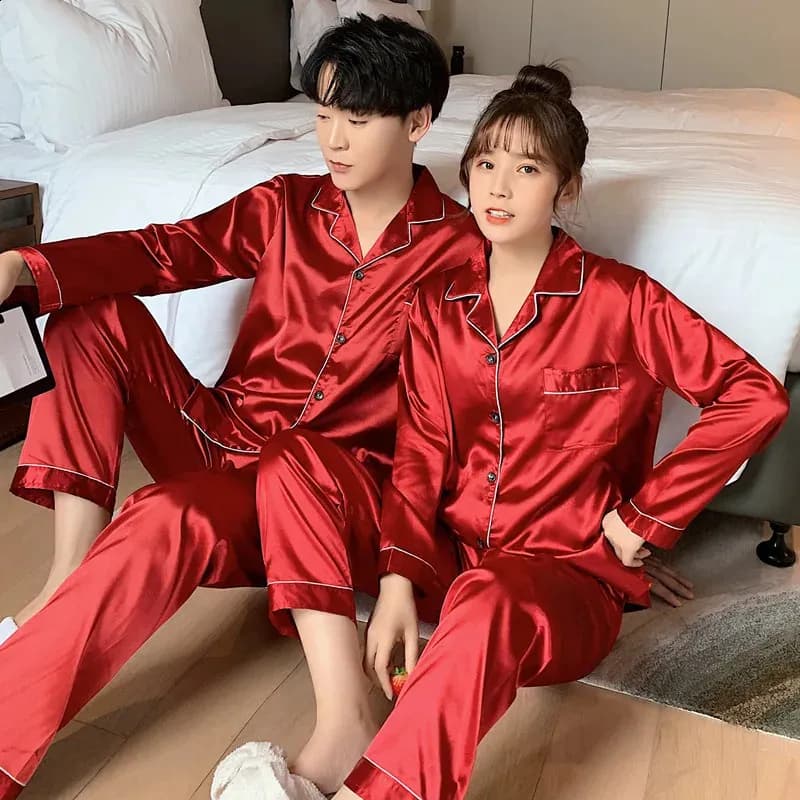 Solid Color Sleepwear Silk Satin Pamas Couple Long Button-Down Pyjamas Suit Pijama Women Men Loungewear Plus Size Pj Set