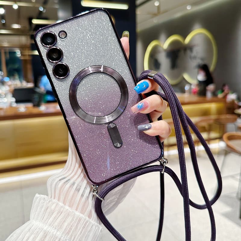 Crossbody Lanyard Gradient Glitter Case For Samsung Galaxy S23 S21 FE S22 Ultra Plus For Magsafe Magnetic Soft TPU Plating Cover