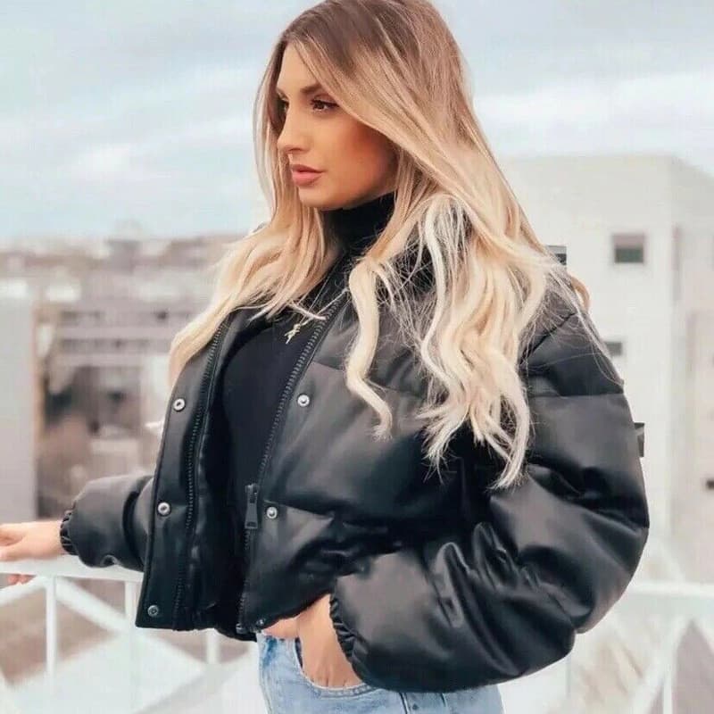 Women's Warm Short Bread Coat Autumn And Winter Leather Cotton Clothing Style Stand Collar Leather Jacket