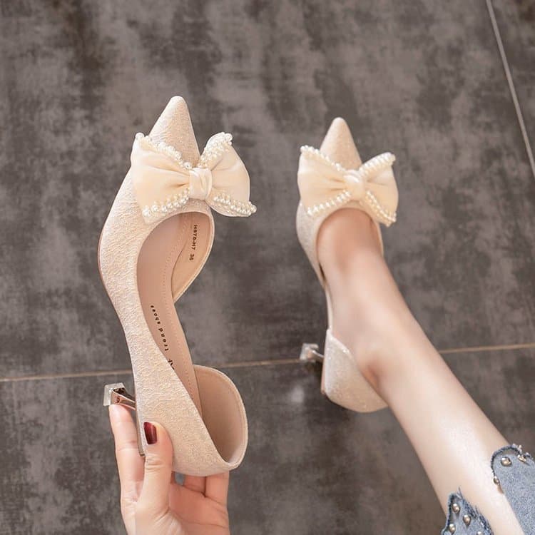 Shoes hollow French girl pointed pearl bow stiletto shoes