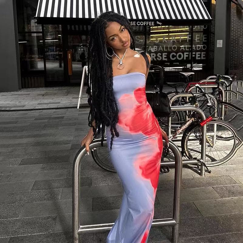 Vacation Style, High-end Feeling, Summer Fresh, Contrasting Color, Dyed Print, Slim Fit, Strapless, Slit Long Dress
