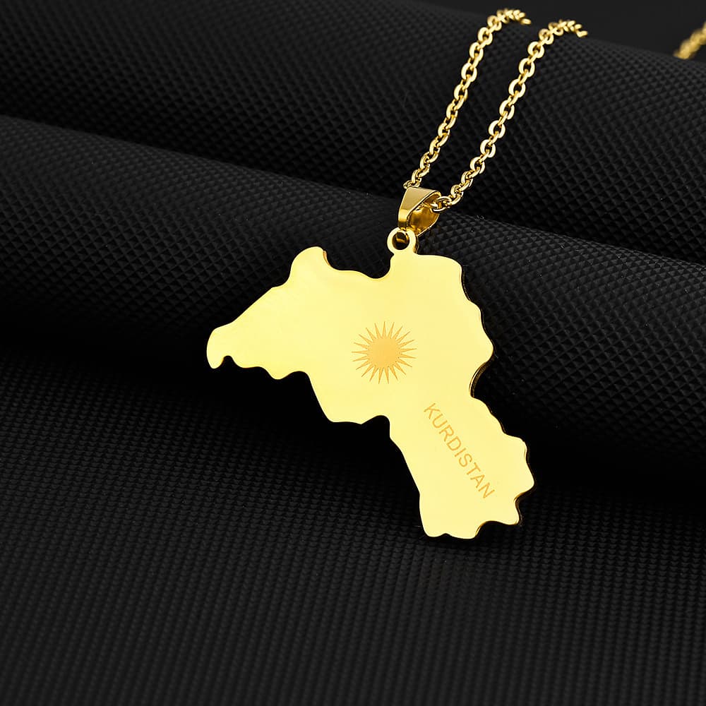 Collier avec pendentif carte du Kurdistan en forme de goutte d'huile, style rétro, en acier inoxydable, pour hommes et femmes