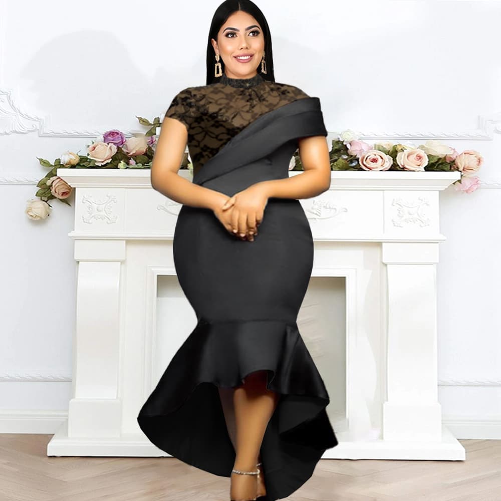 Women's Clothing Stand Collar Short Sleeve Sexy See Through High Waist Hip Skirt Ruffled Party Dress Plus Size Women's Dress Dress