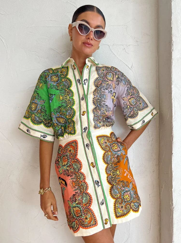 Women's Printed Shirt Skirt, Fashionable And Casual Slim Cotton And Linen Long Shirt.