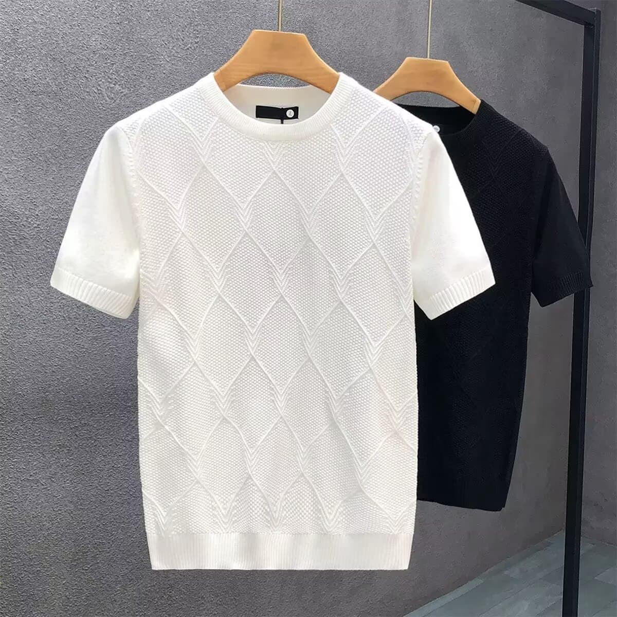 Diamond Plaid White Short Trendy Brand, Summer Undershirt, Half Sleeved Knitted Swea, Men's Korean Slim Fit Base