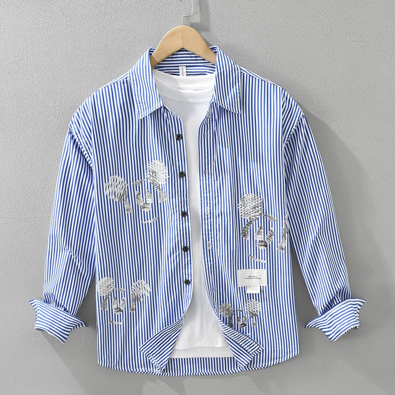 7266 Japanese Printed Striped Long-sleeved Shirt Men's Fashion Casual Versatile Literary Loose Top One Piece Hair