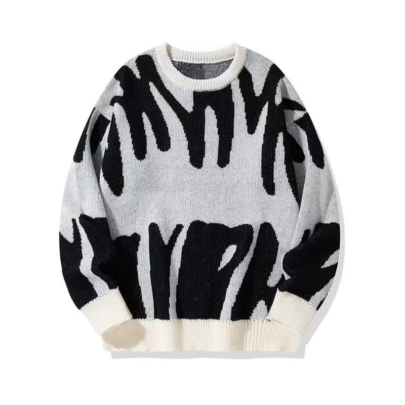 Men's Stylish Jacquard Knit Sweater - Loose Fit Round Neck Long Sleeve Pullover For Teens & Adults (Black/White, Grey/Black, Cream/Brown, Blue/White)​