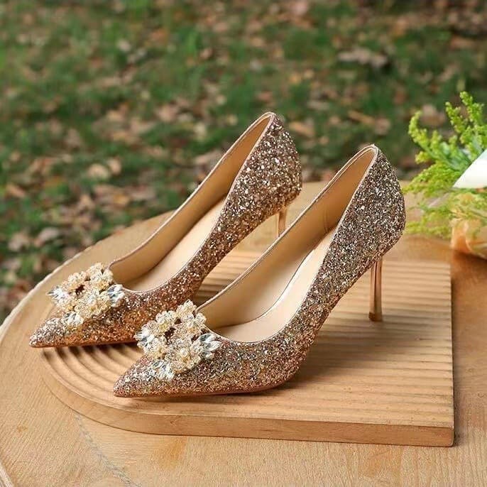 Women's Shoes Wedding shoes female wedding dress two wear niche high heels new champagne gold non tiring crystal single shoes