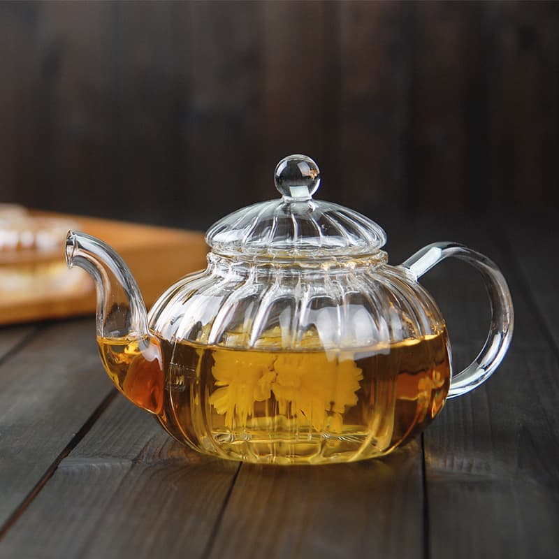 Heat-Resistant Glass Teapot With Warmer - Thickened Transparent Flower Tea Pot For Herbal & Blooming Tea (Stovetop Safe Classic Pumpkin Design)