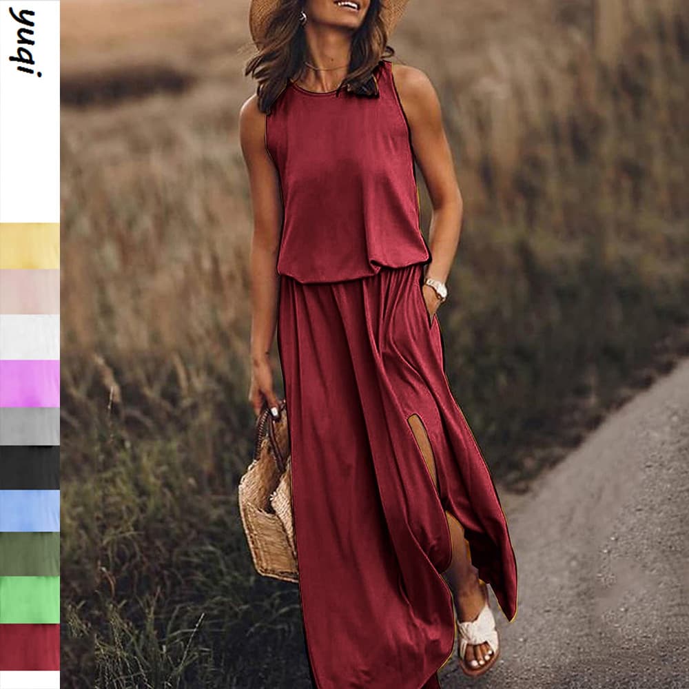 Women's round neck sleeveless dress with slit multi-color solid color long skirt