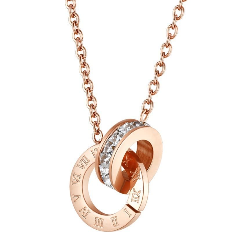 Roman Style Double Ring Inlaid Diamond Titanium Steel Necklace Non-Fading Niche Personality Light Luxury Fashion