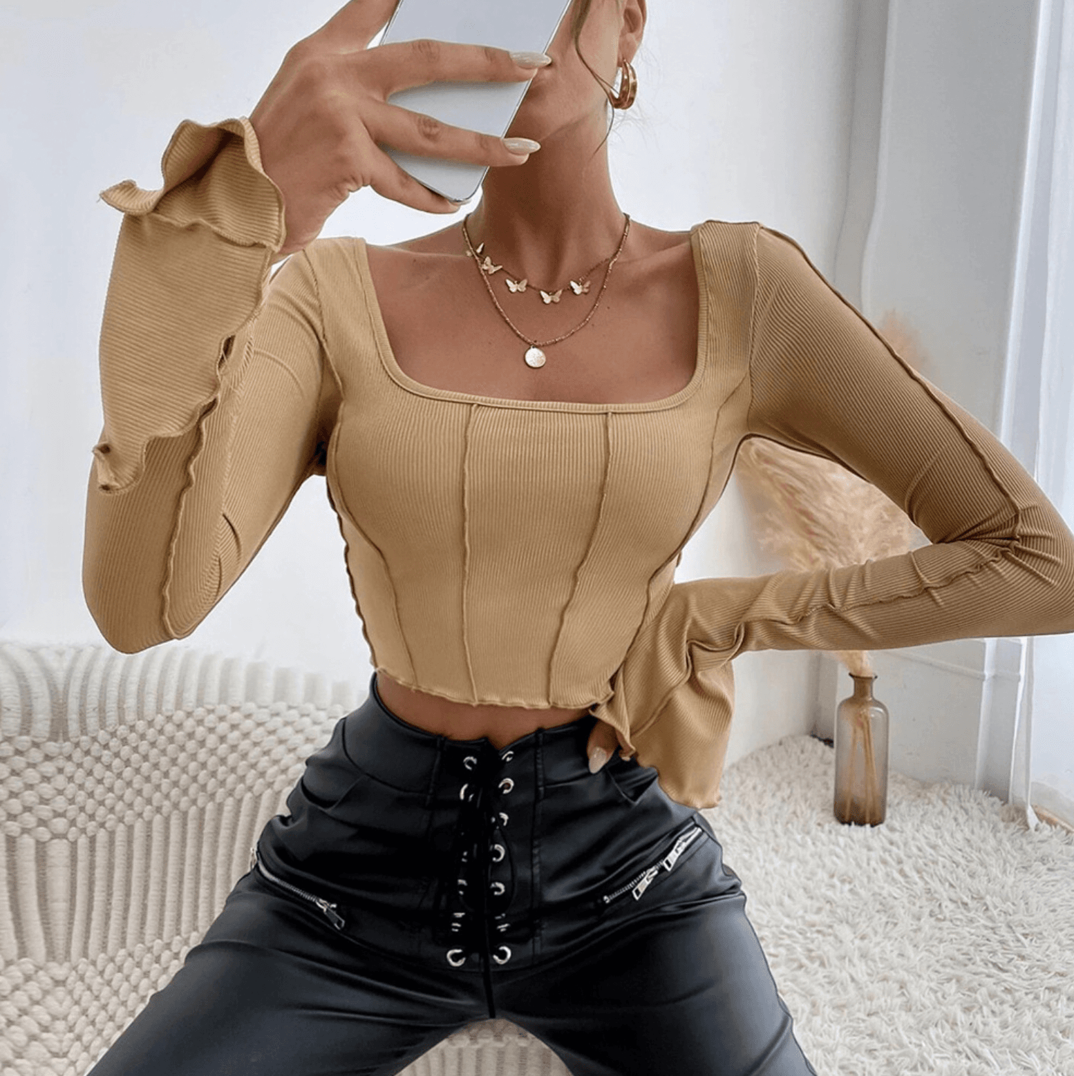 Women's 2023 Spring/Summer New Slim Fit Long Sleeve Square Neck Pullover Knitted Top T-shirt for Women