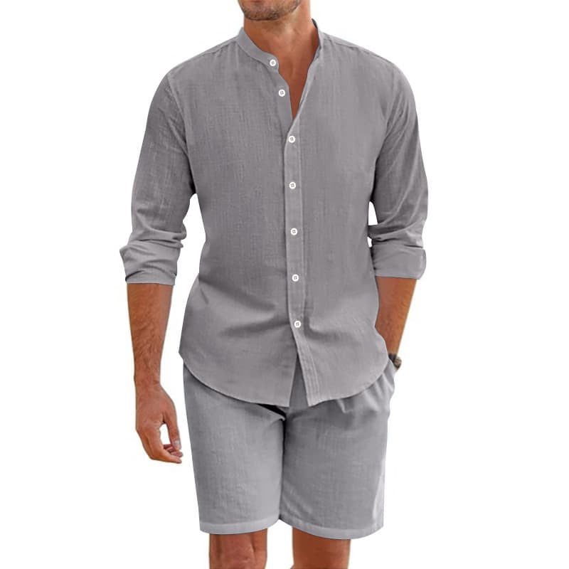 Men's Clothing Summer Two Piece Cotton And Linen Button Down Shirt Long Sleeved Shorts Cardigan Beach Suit