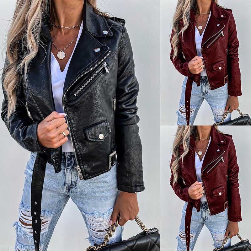 Women's jacket top PU leather jacket motorcycle short zipper