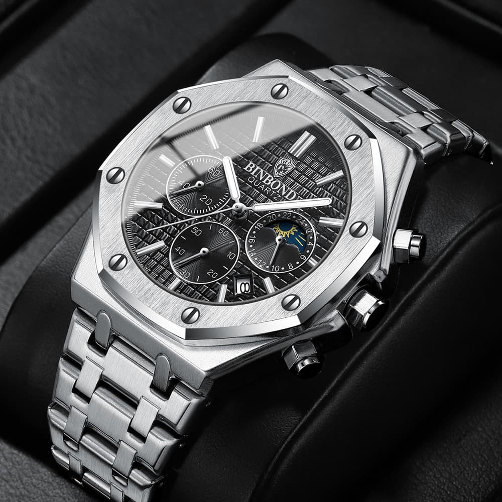 Binbang Multifunctional Sports Men's Steel Band Waterproof Quartz Watch
