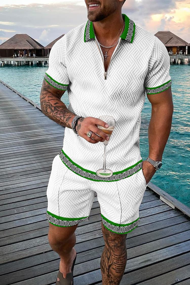 Men's Clothing 2024 New Wholesale Foreign Trade Men's Open Collar Zipper Shirt 3d Printed Men's Short-Sleeved Beach Pants Two-Piece Suit