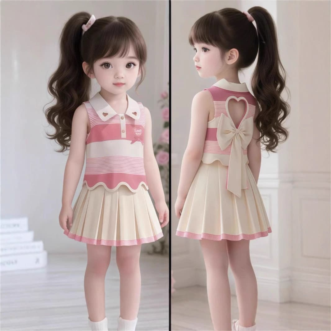 Girls' Summer Sleeveless Skirt 2026 New Fashionable Hollow Heart Backless Bow Two-Piece Set