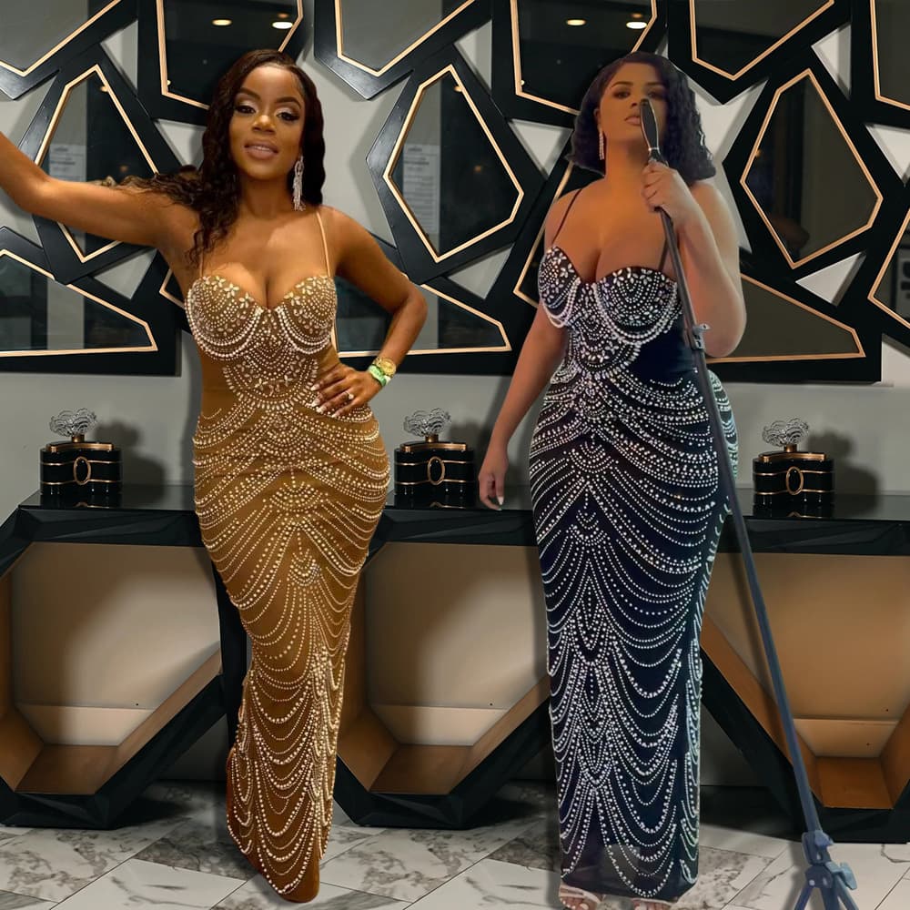 Women's Clothing Hot Diamond Bubble Beads Evening Dress Sexy Dress Long Skirt Female
