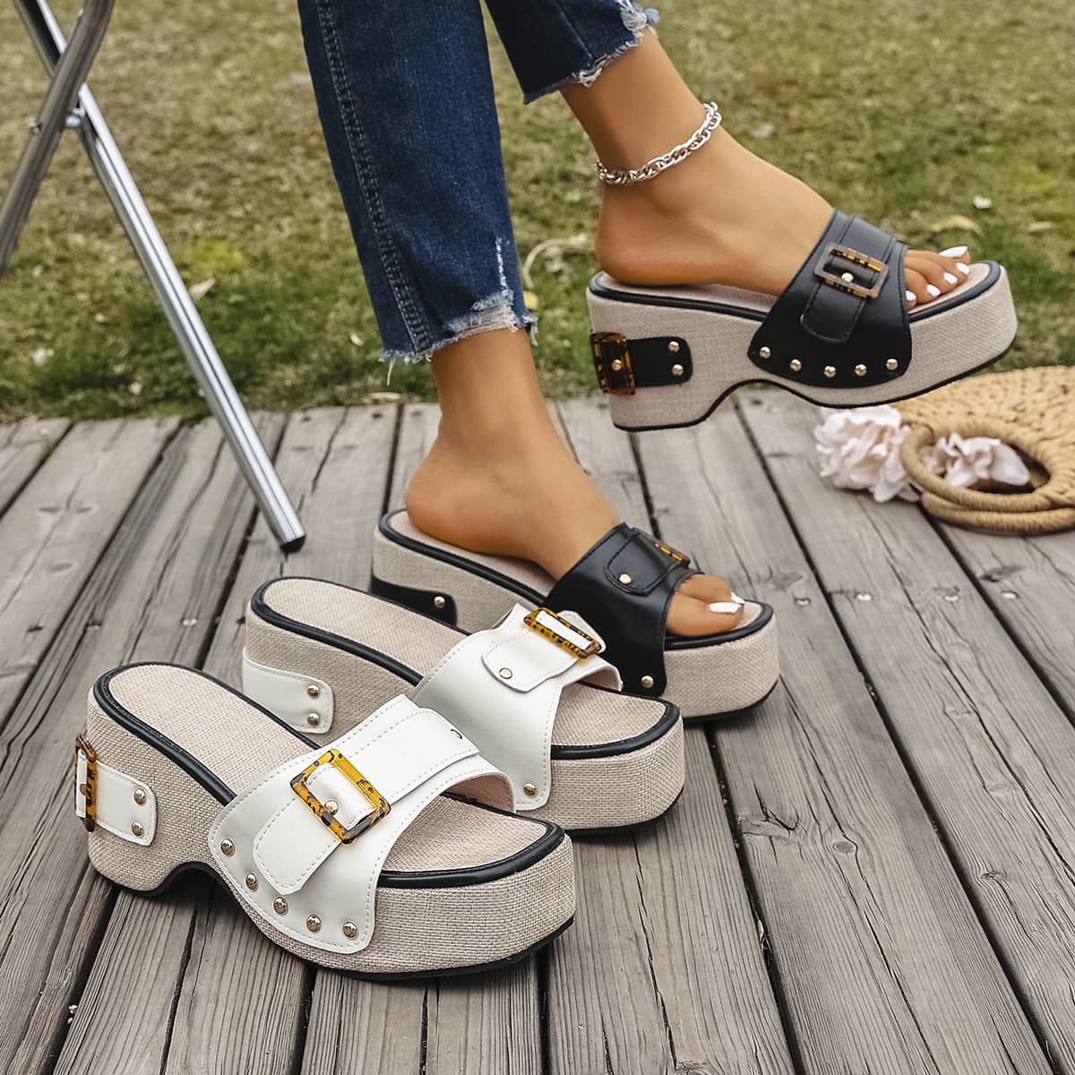 Women's Shoes Large Size Summer New Thick Heel Buckle Metal Buckle Slippers One Strap Beach Sandals