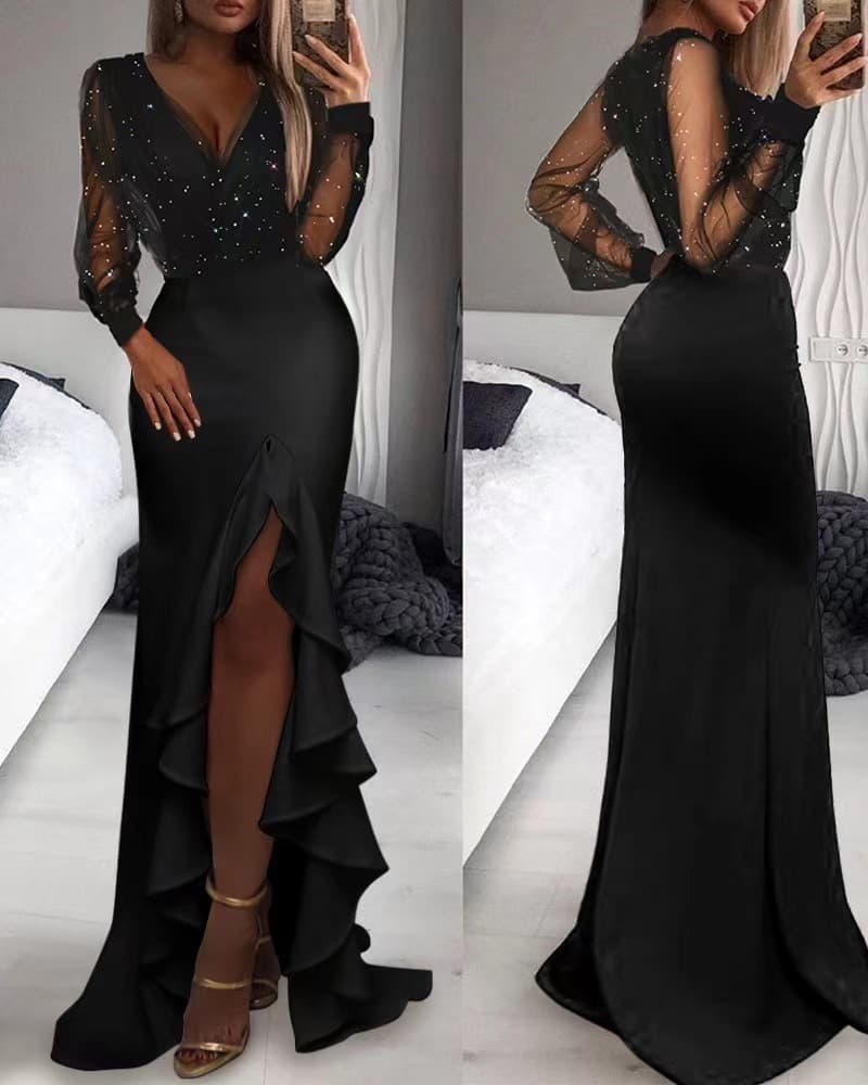 Hip-covering Mid-waist Waist Black Artistic Mesh Sequin Temperament Commuter Long Skirt Dress