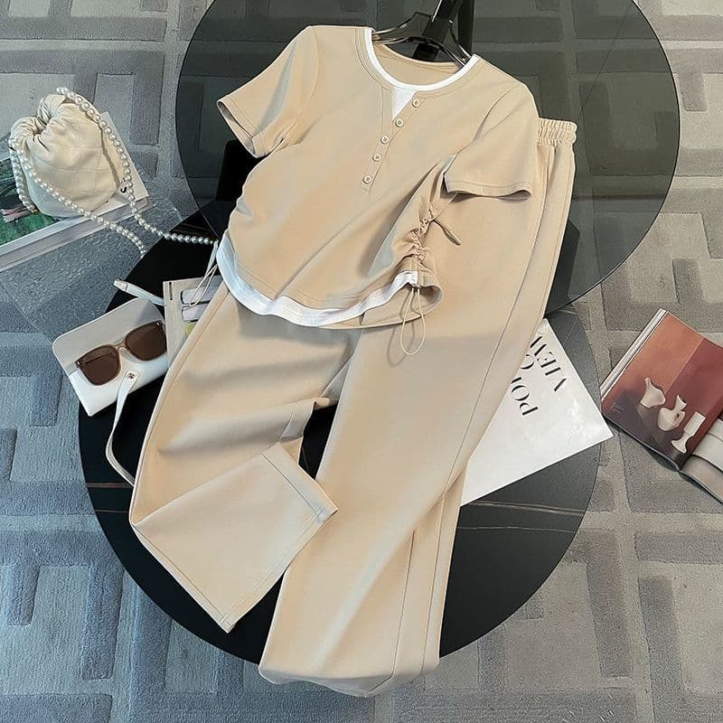 Women's Casual Sportswear Set V Neck Short Sleeve Wide Leg Pants Fashion 2-Piece Summer Outfit Polyester Regular Fit