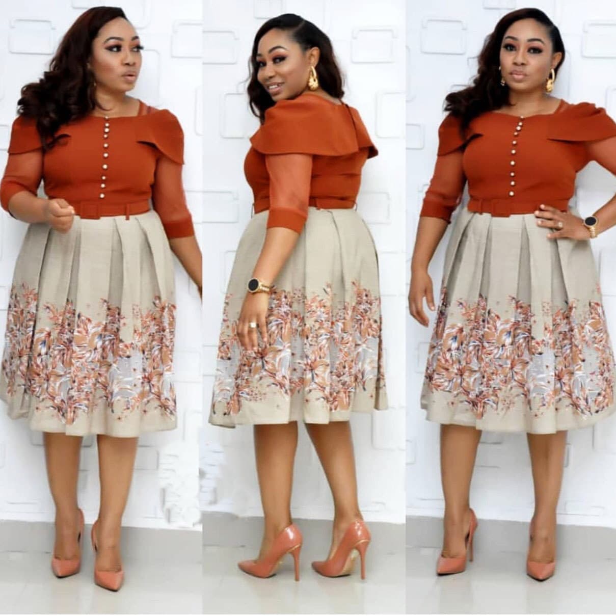 Women's Clothing Printing And Solid Color One Shoulder Lotus Leaf Sleeves Waist Cinching A Line Skirt With Same Color Belt