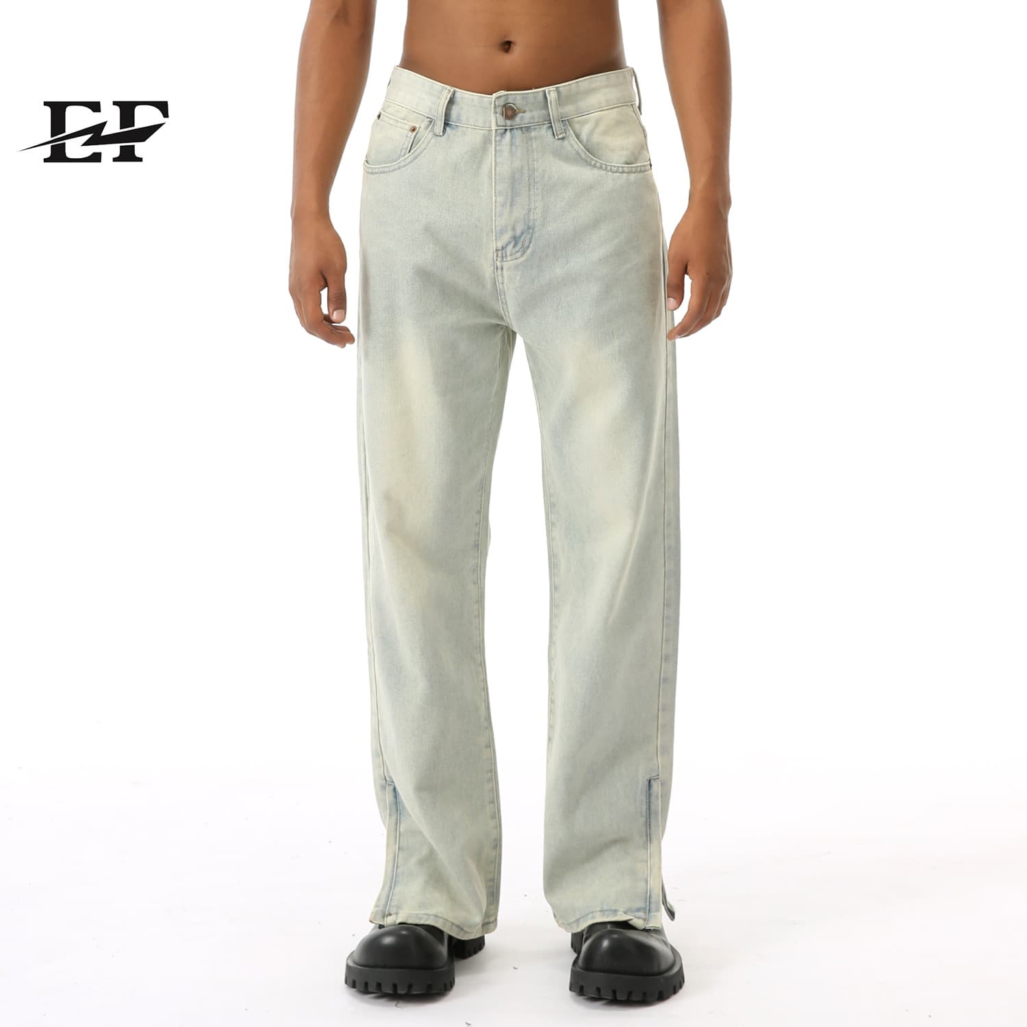 EF JEANS | 2024 New High Street Old Yellow Mud Pants Split Zipper Denim Trousers Straight Casual