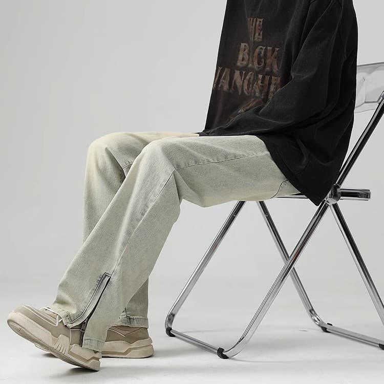 Men's Clothing high street retro washed old yellow mud dyed zipper slit ins jeans men's straight flared long pants