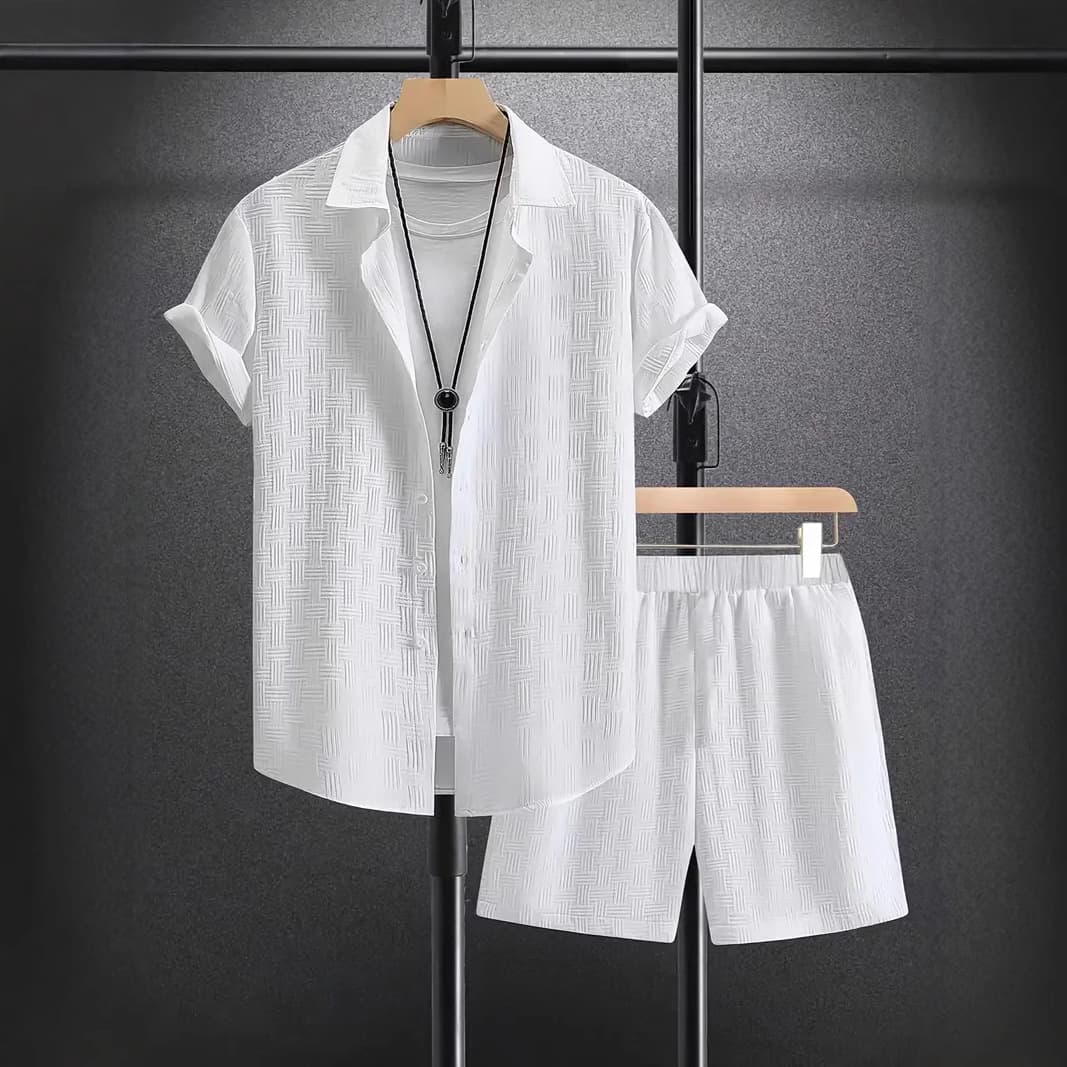 Men's Clothing Summer Jacquard Black And White Solid Color Shirt Suit Short Sleeve Men's Holiday Casual Style Shirt Men