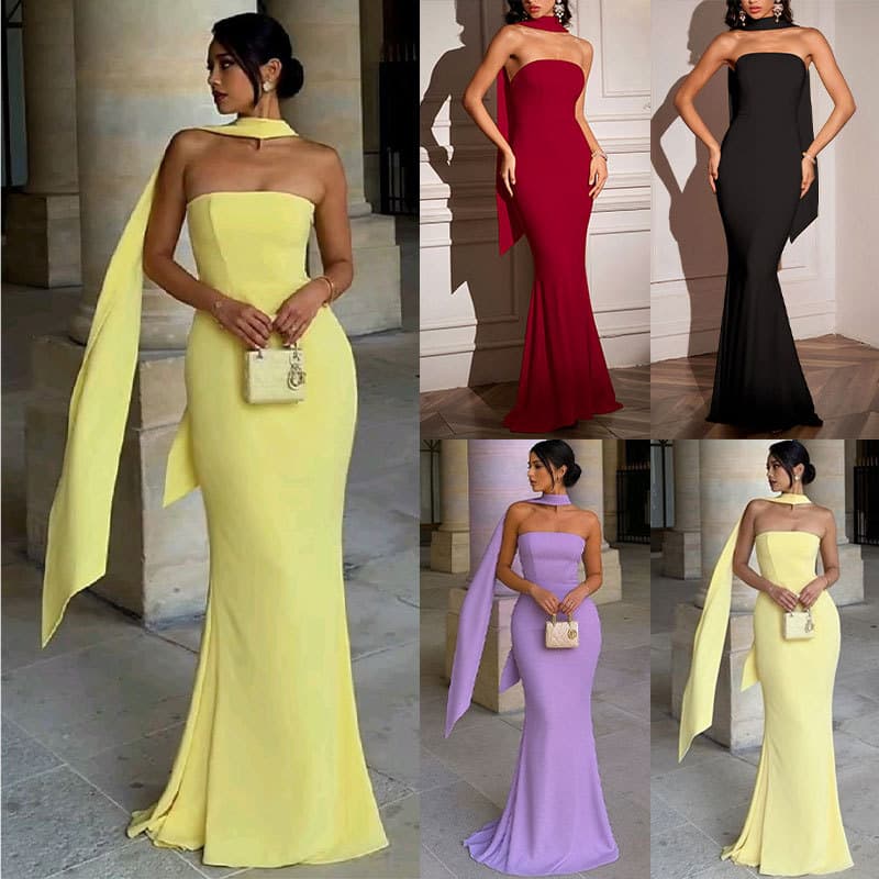 Women's Strapless Slim Fitting Bodycon Dress Ribbon Detail Elegant European American Style Party Dress