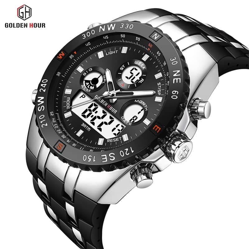 New Dual Display Date Alarm Clock Electronic Digital Watch, Sports Waterproof Silicone Watch Men's Wristwatch