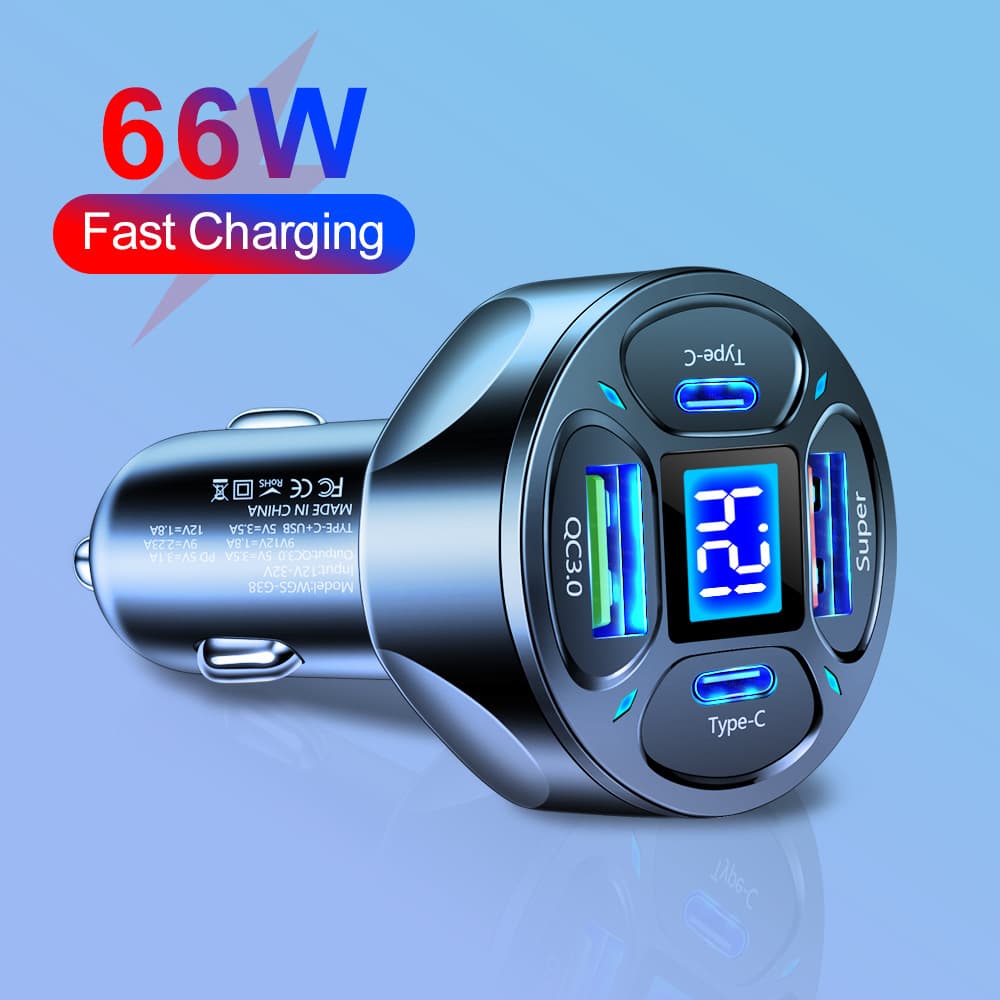 66W 2USB+2Type-c digital display car charger supports super fast charging car charger fast charging car charger