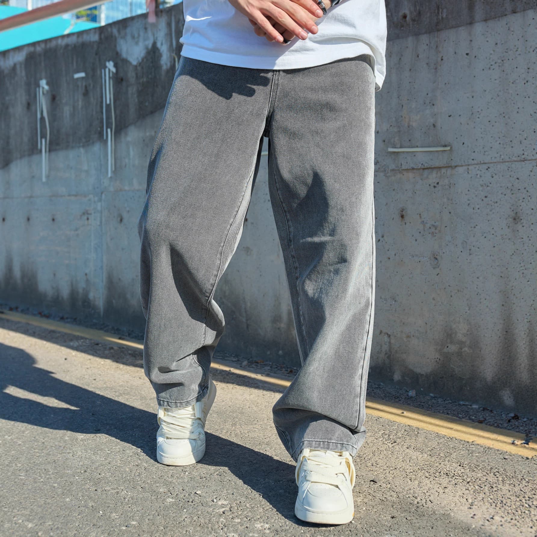 ​​Vintage Washed Grey Jeans For Men – Loose Straight Leg Distressed Denim With Wide Hem (XS-XXL)​​