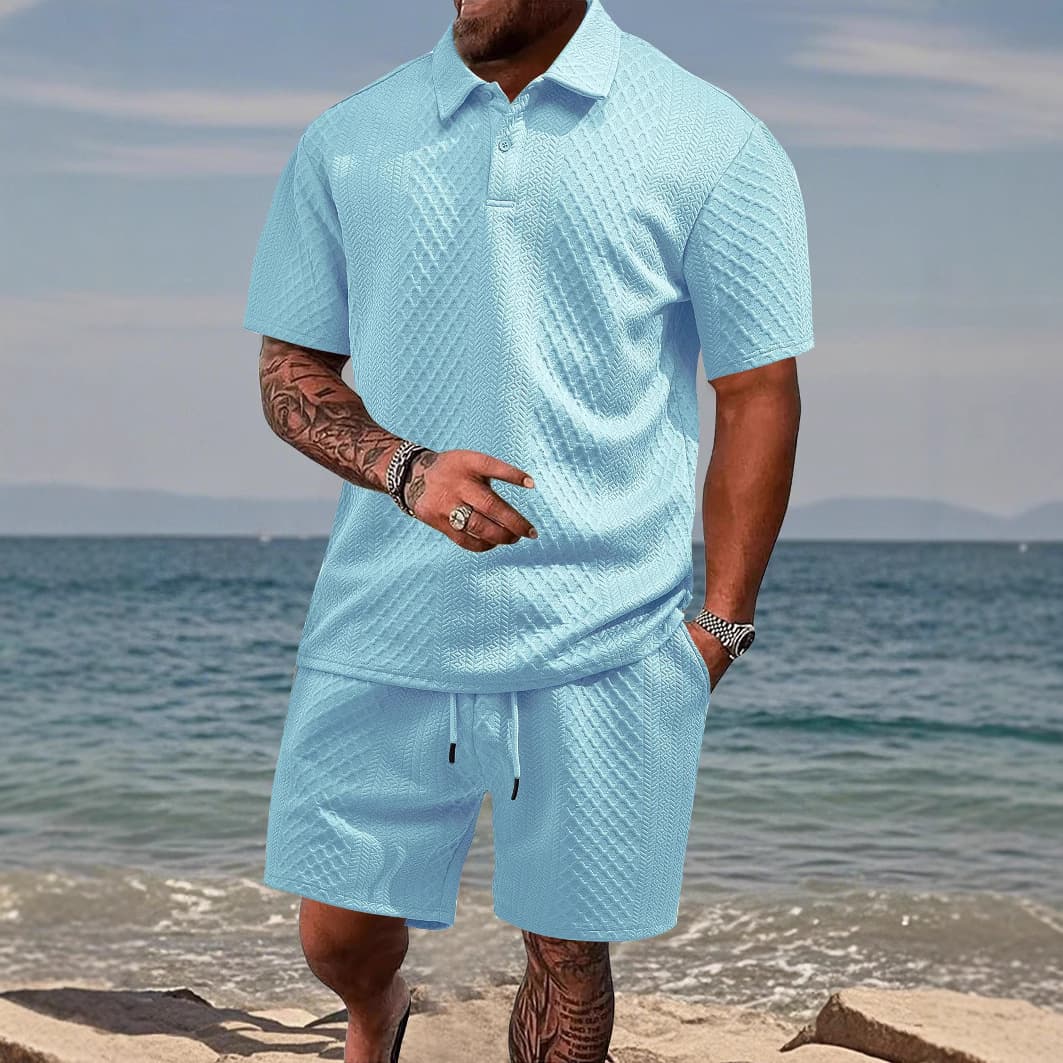 Men's Clothing Summer New Jacquard Short Sleeved Shorts Suit Men's Leisure Sports Lapel Polo Suit