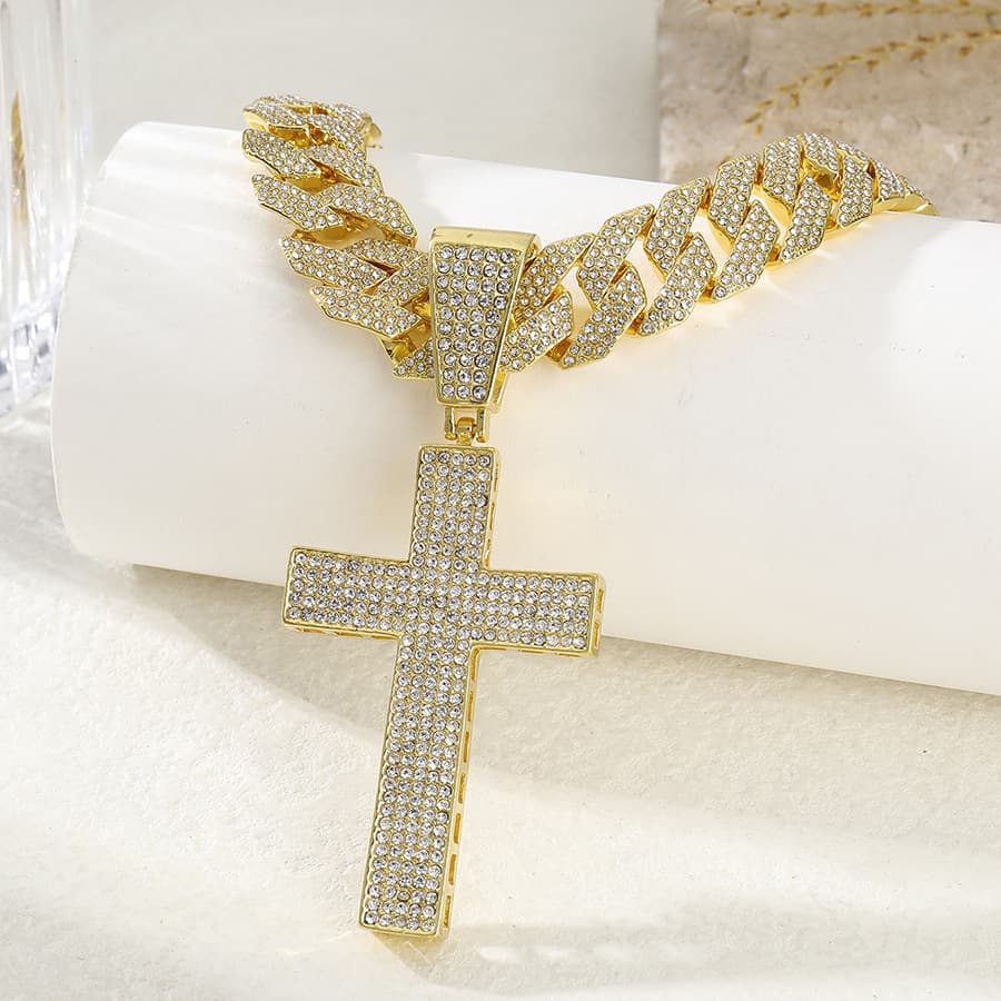 Popular personality cross pendant with alloy diamond Cuban chain religious belief hip hop necklace