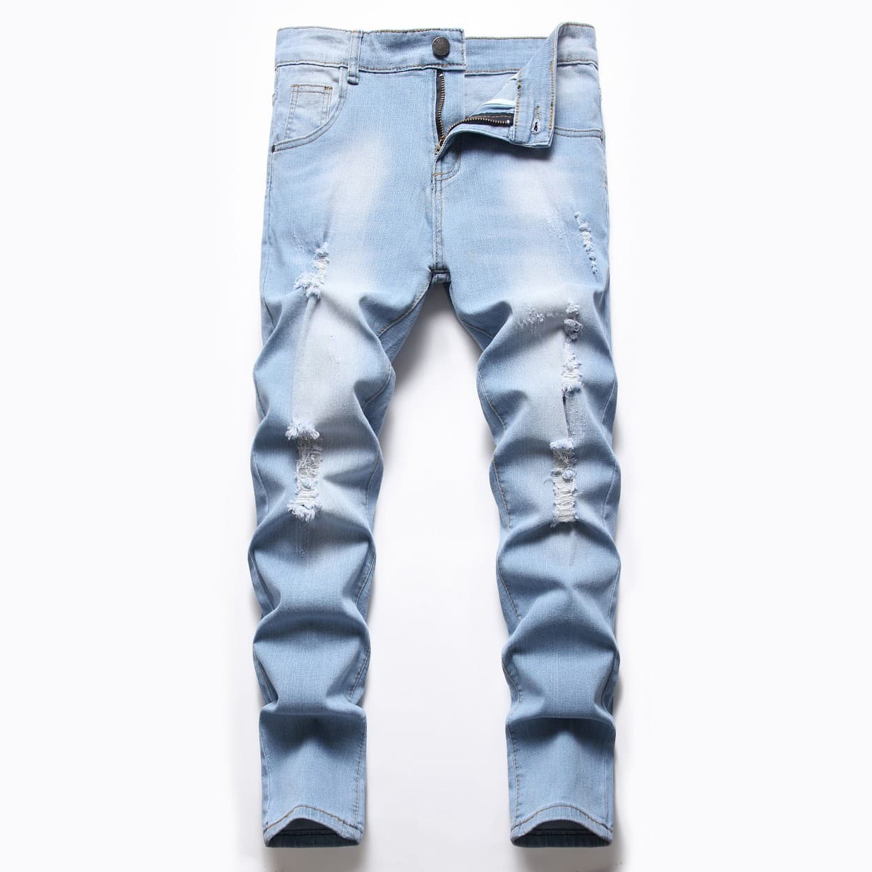 Mother & Kids cross-border e-commerce platforms for middle and large children's elastic light blue straight ripped denim trousers for four seasons.