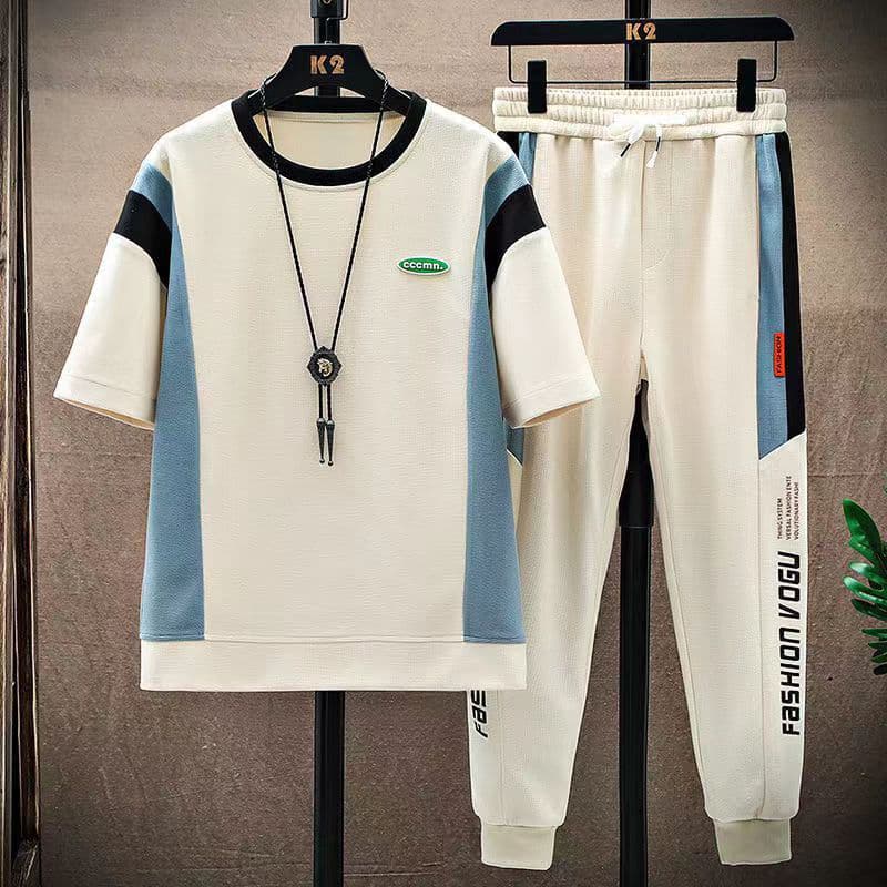 Men's Clothing Casual Sports Suit Set Waffle Short Sleeve Trend T-shirt Sets
