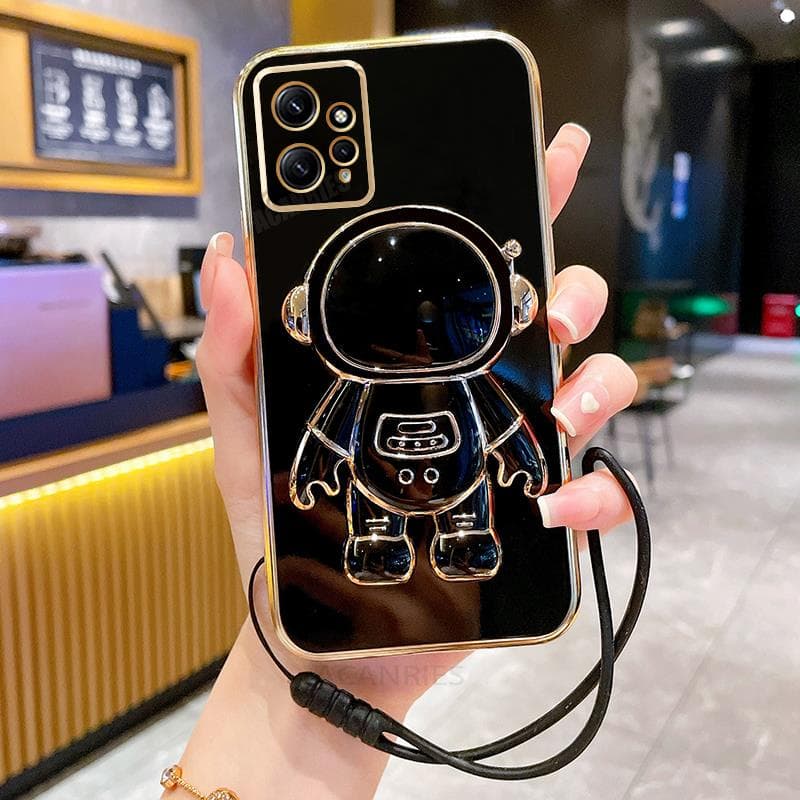 Note12 Astronaut Holder Plating Case On For Xiaomi Redmi Note 12 11 10 9 Pro 12s 11s 4g 5g 12c 12pro Lanyard Stand Cover