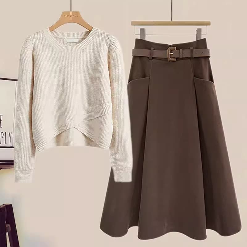 Women’s Clothing Autumn New Style Fashionable Temperament Age Reducing Knitted Top Slim Skirt Two Piece Suit