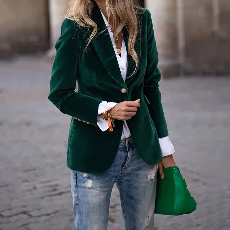 Vêtements pour femmes - Blazer élégant en velours pour femme - Coupe ajustée - Veste de tailleur à un bouton (Disponible en 6 couleurs)