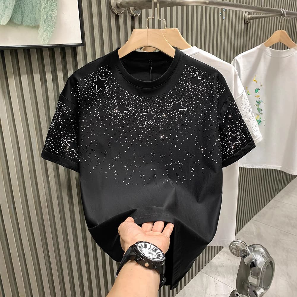 Men's Hip Hop T-Shirt - Korean Streetwear Diamond Print Short Sleeve Top (Black/White/Gray)