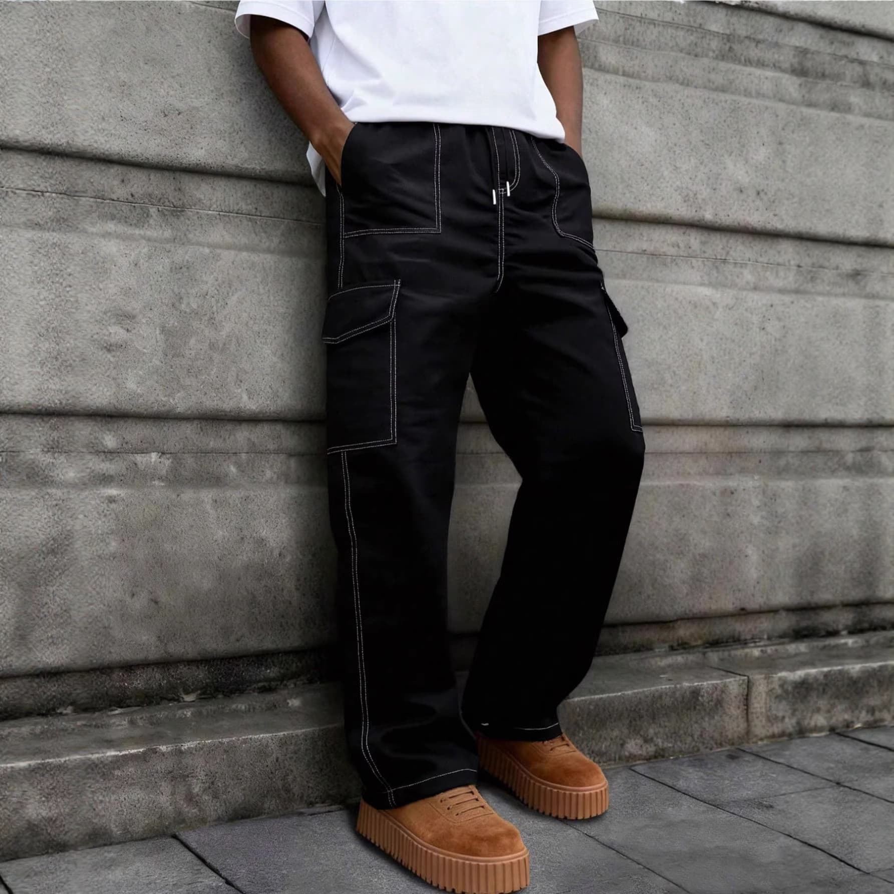 Men's Multi-Pocket Cargo Pants – Loose Straight Fit With Drawstring Waist & Decorative Stitching (Black, S-XXL)