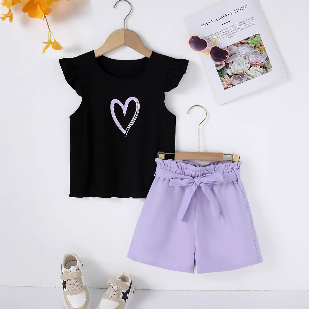 Summer Casual Solid Color Girls Outfit With Flutter Sleeve Heart Top And Wide Leg Shorts Two-Piece Set For Kids Aged 3-7