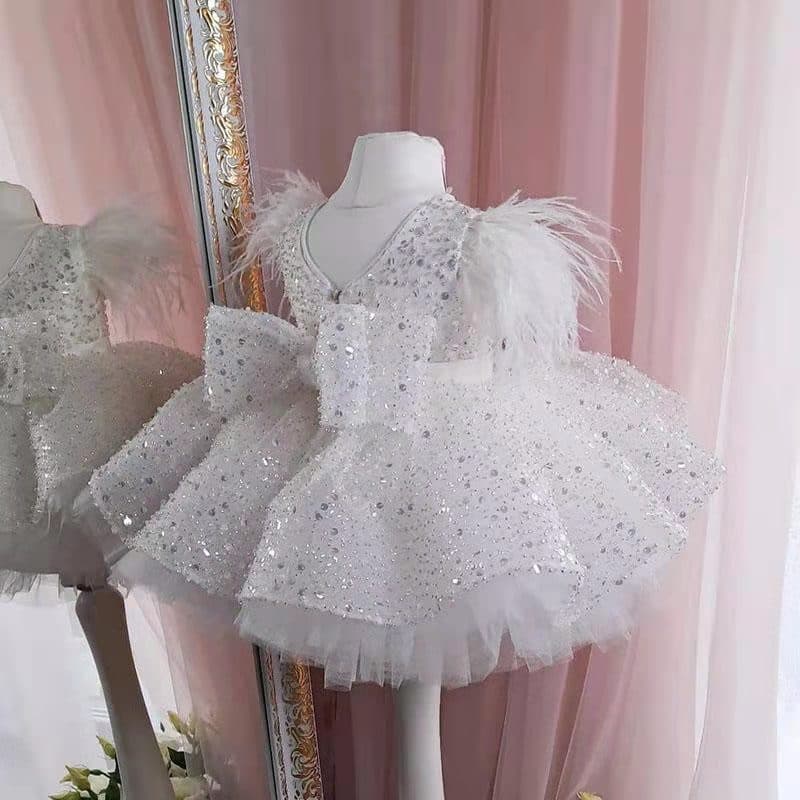 Sequined White Princess Dress For Small And Medium Sized Children High End Bow Tutu Skirt Children's Birthday Party Evening Dress