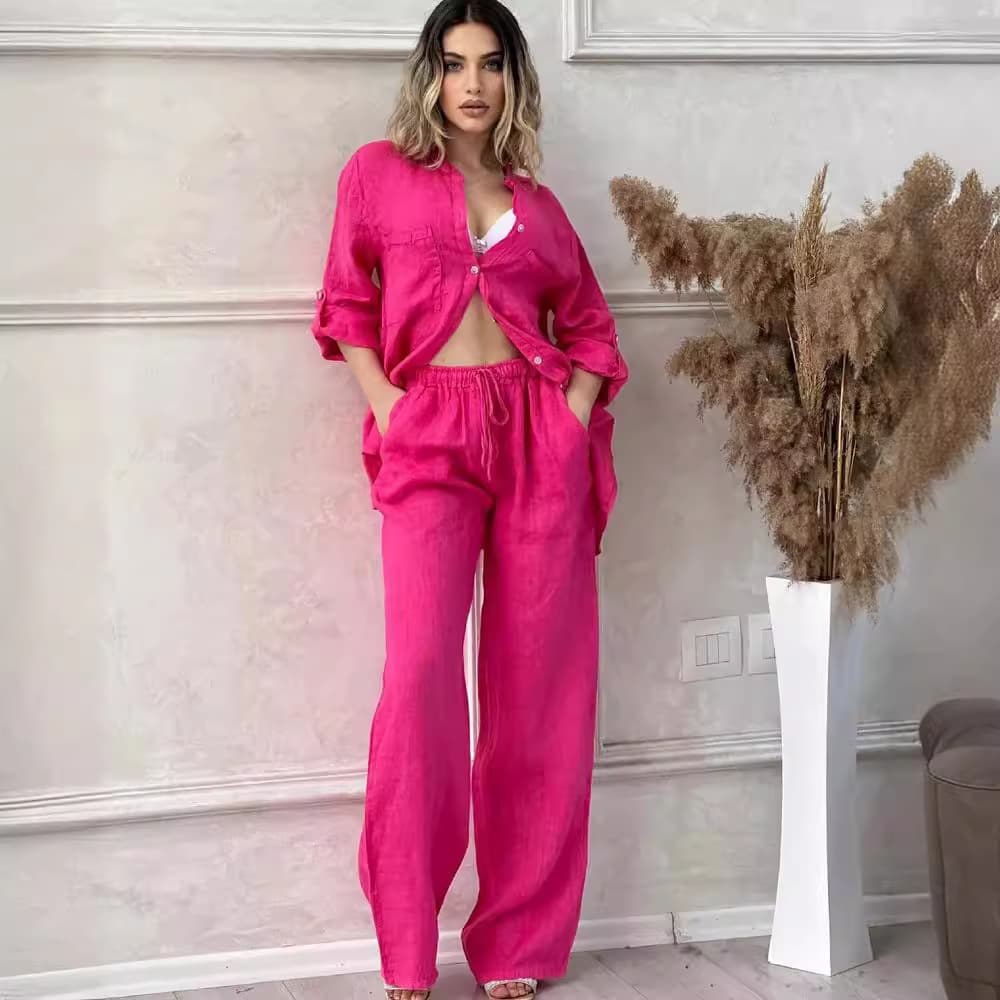 Women's Clothing Summer New Women's Set Large Size Cotton And Linen Shirt Set High Waist Loose Trousers