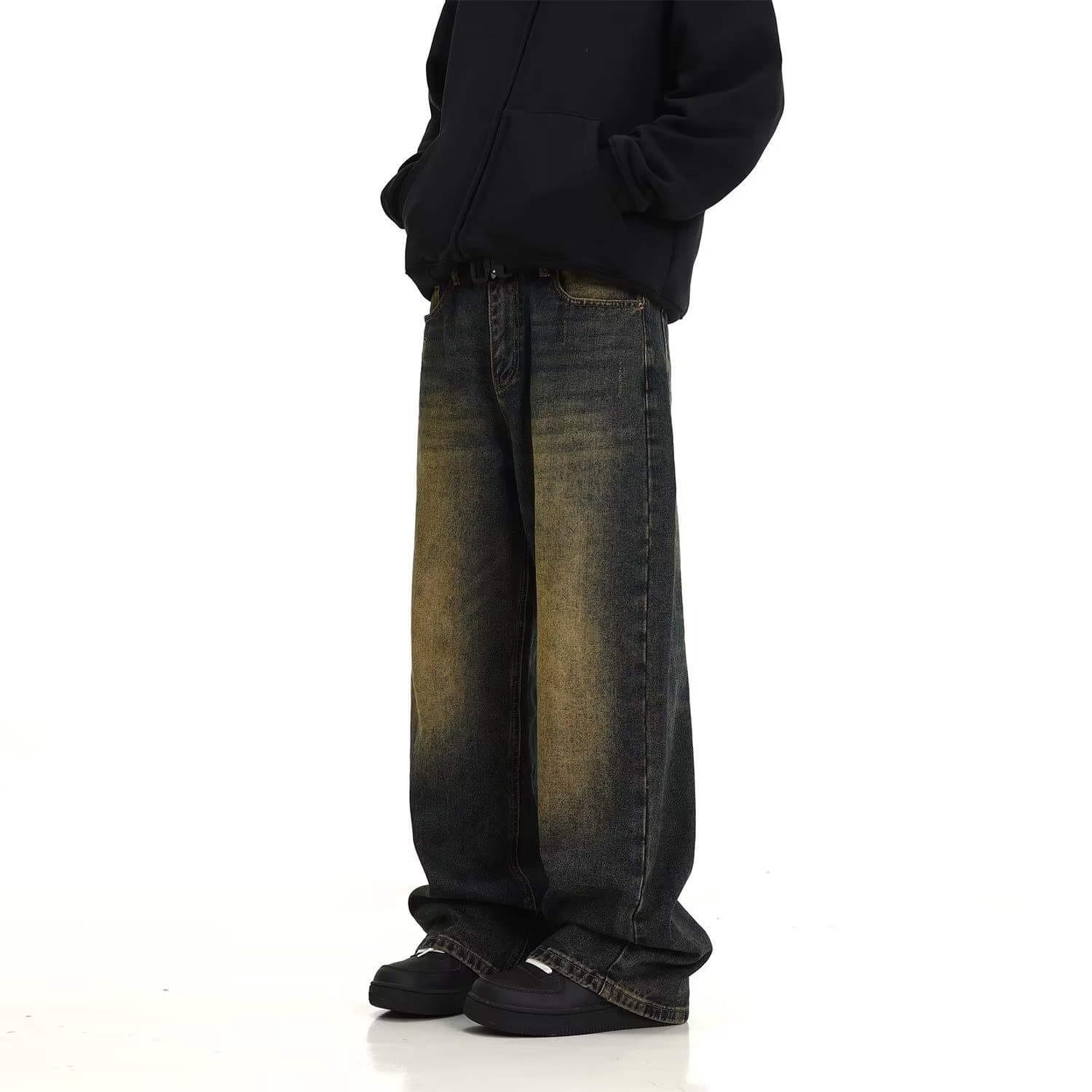 Men's Clothing Retro distressed washed jeans for men high street yellow mud dyed floor-length daddy pants street loose straight trousers