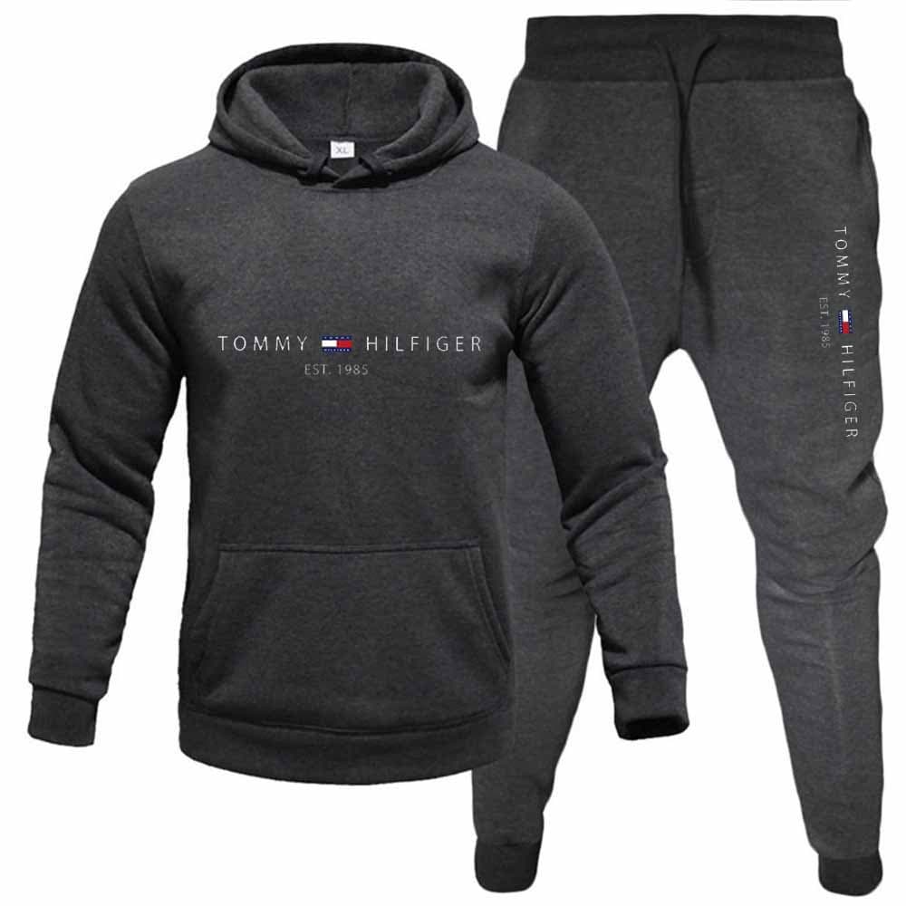 PQ Automne Hiver Hommes Pull Plus Polaire À Capuche Costume Imprimé Couleur Unie Pull Sport Ensemble 2 Pièces