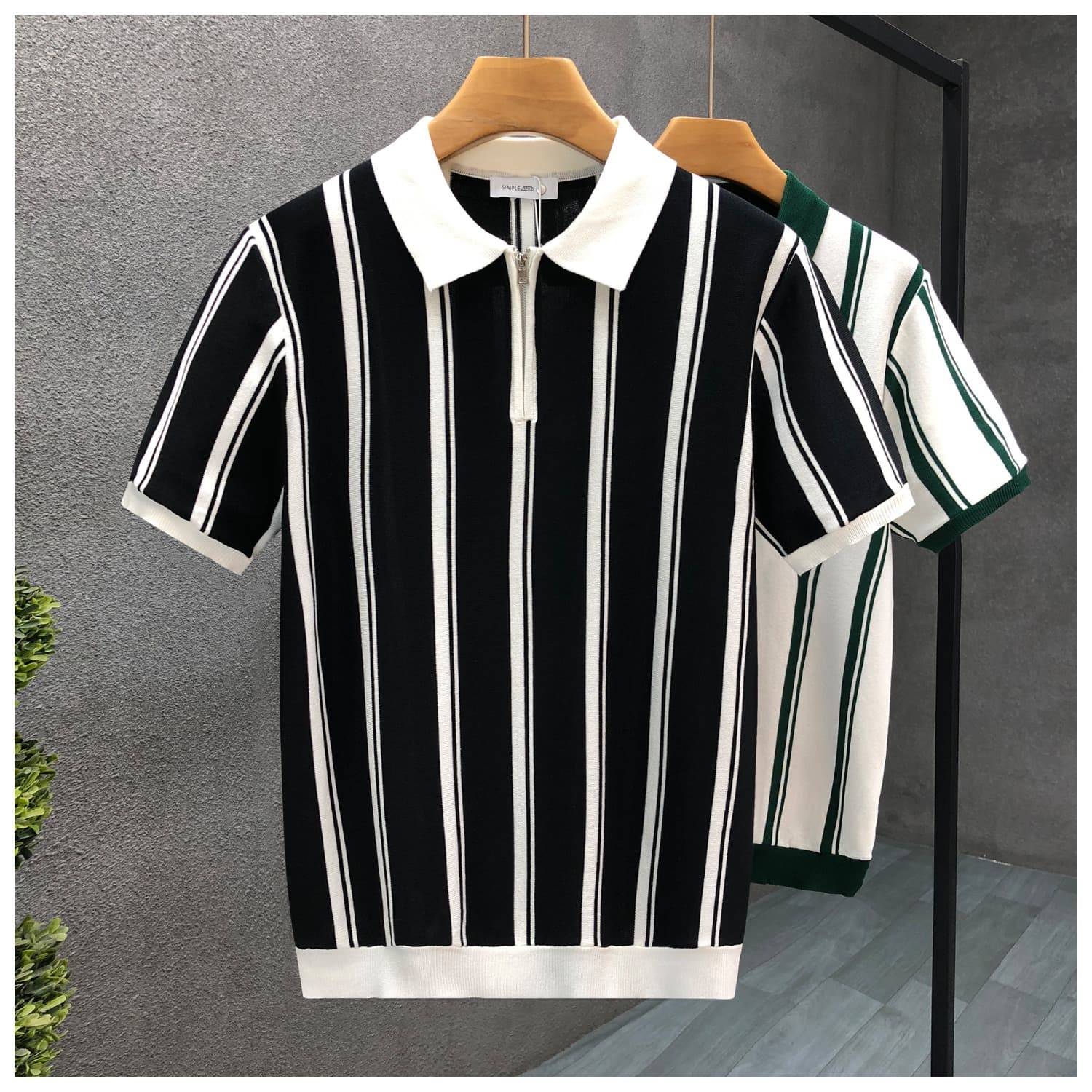 Men's Trendy Half Zip Color Block Striped Knit Polo Shirt Short Sleeve Breathable Polyester Turn down Collar Summer Style Mature Sophisticated Look Machine Washable