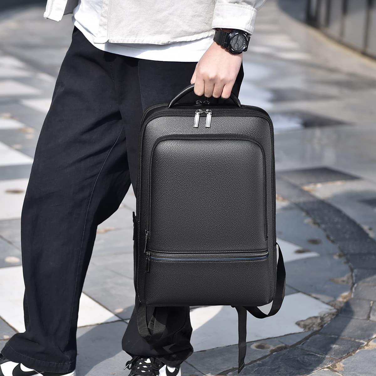 Large Capacity Business Backpack For Men PU Leather Commuter Travel Laptop Bag Casual Style For Business Trips